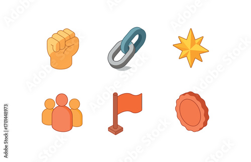 isometric icon items isolated on white background strong unity chain loop burst team icon shared flag round seal