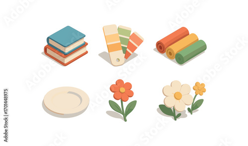 isometric icon items isolated on white background wide variety stacked books paint swatch fabric dish plate flower set