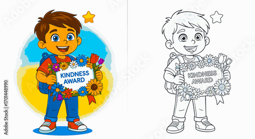 Kindness Award Winner Boy with Flowers Coloring Page