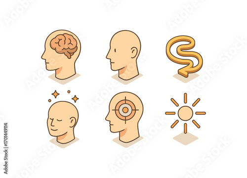 isometric icon items isolated on white background human mind profile face swirl path spark dots calm head focus rays