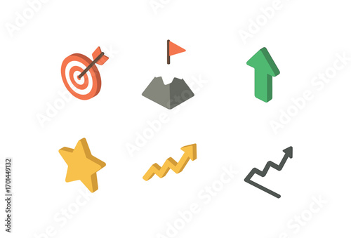 isometric icon items isolated on white background goal flag mountain peak upward arrow icon step line