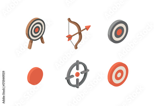 isometric icon items isolated on white background shooting bow arrow circle aim hit spot crosshair bullseye point