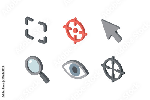isometric icon items isolated on white background focus circle arrow point lens eye crosshair lines