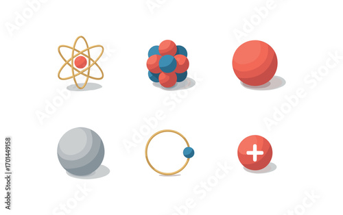 isometric icon items isolated on white background atomic nucleus cluster sphere neutron ball charge free orbit particle icon