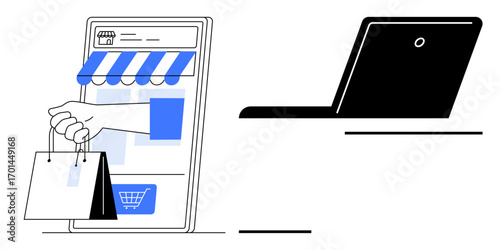 Hand holding shopping bags extends from a smartphone with storefront design. Adjacent laptop symbolizes e-commerce. Ideal for retail, technology, e-business, delivery, digital marketing, innovation