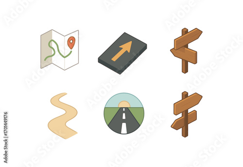 isometric icon items isolated on white background forward direction map line road arrow trail sign horizon journey icon