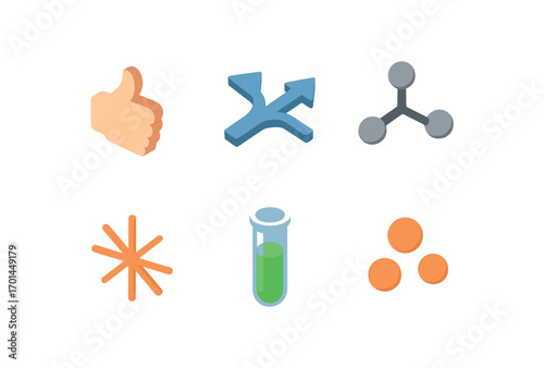 isometric icon items isolated on white background reaction split arrows bond lines spark burst test tube chemical dots