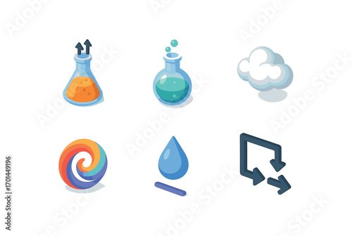isometric icon items isolated on white background chemical reaction flask bubble gas cloud color swirl drop line arrow flow