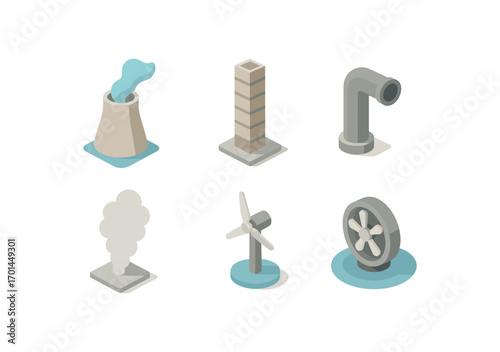 isometric icon items isolated on white background ocean vapor plant tall tower intake pipe steam plume turbine water base