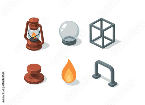 isometric icon items isolated on white background oil lantern glass globe metal frame fuel knob steady flame carry handle