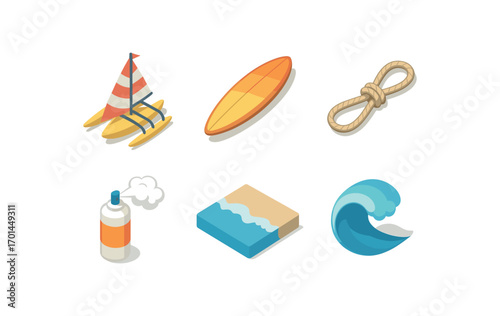 isometric icon items isolated on white background trimaran surfboard long hull rope ties foam spray tide line ocean curl