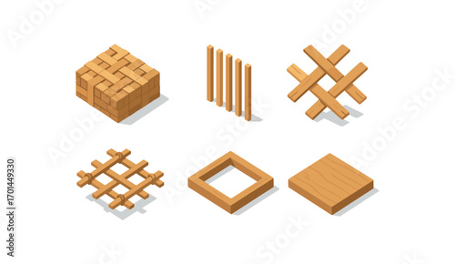 isometric icon items isolated on white background woven mat panel reed strips cross weave tied edges wood frame floor base