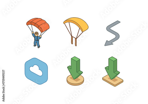 isometric icon items isolated on white background sky jump glide wide canopy rope straps glide path open sky landing arrow