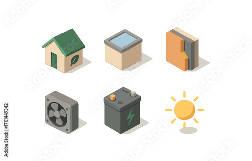 isometric icon items isolated on white background eco dwelling skylight roof insulated walls fan vent battery pack sun glow. isometric icon items isolated on white background reuse craft
