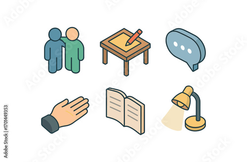 isometric icon items isolated on white background mentorship partner desk notes speech bubble guiding hand book page lamp light