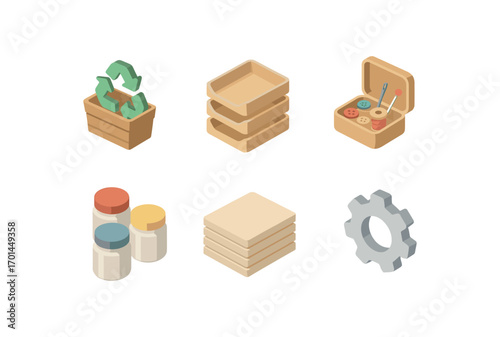 isometric icon items isolated on white background craft reuse hub sorting trays sewing kit paint jars stacked paper gear icon