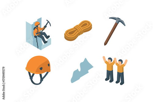 isometric icon items isolated on white background crevasse climb rescuer rope line ice axe helmet head snow ridge team signal
