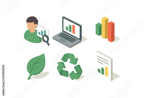 isometric icon items isolated on white background sustainability data analyst laptop screen chart bars leaf icon recycle sign report page
