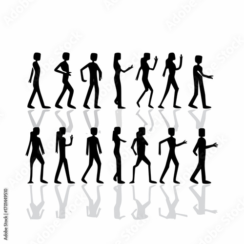 Silhouette Sequence of Figures: A dynamic sequence of silhouette figures strides, representing the rhythm of movement and daily life in a photorealistic manner. 