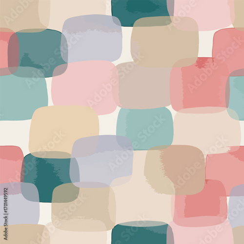 Abstract watercolor style seamless pattern with overlapping rounded square shapes and soft colors, seamless pattern, Stock royalty image.