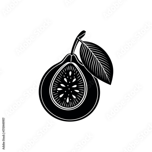 Elegant monochrome guava fruit illustration with leaf and cross section design