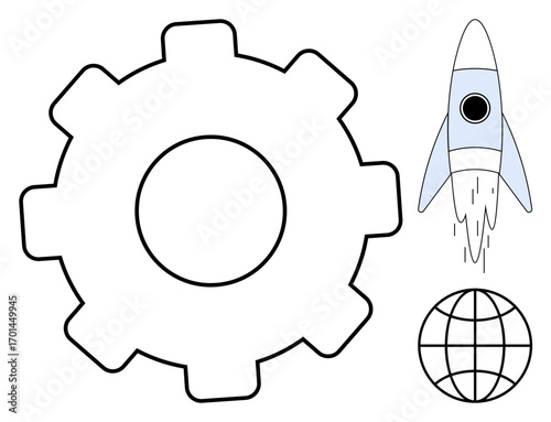Gear signifies innovation and process, rocket symbolizes progress and ambition, globe represents global reach and connectivity. Ideal for technology, startup, innovation, engineering, business