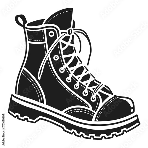 A black and white graphic illustration of a classic high top lace up work boot with a thick lug sole and visible stitching details on a white background