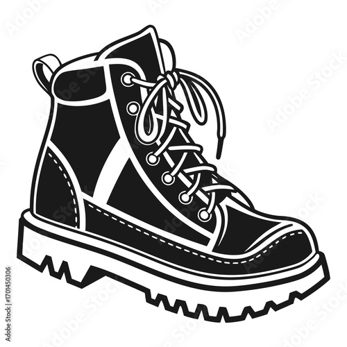 A bold black and white graphic illustration of a sturdy hiking boot with laces tied and a rugged sole perfect for outdoor adventure themes