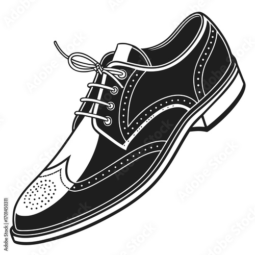 Classic black and white illustration of a traditional wingtip brogue shoe with intricate detailing and a tied lace perfect for fashion and vintage style concepts