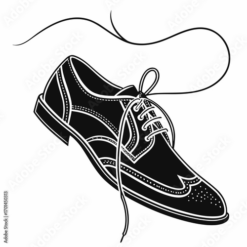 Elegant black and white illustration of a classic wingtip brogue shoe with a loosely tied lace perfect for fashion and style concepts