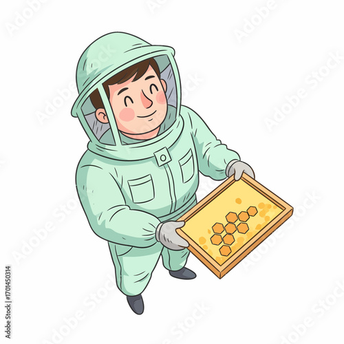 Joyful Apiarist Presenting a Fresh Honeycomb Frame, Highlighting Sustainable Beekeeping Practices