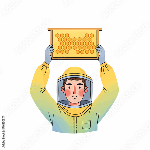 Professional beekeeper in a protective suit holding a honeycomb frame, apiculture concept