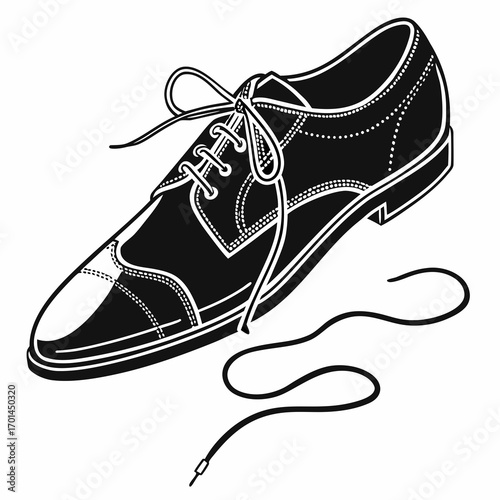 A black and white illustration of a classic leather oxford shoe with a tied lace and a loose shoelace trailing off to the side on a white background