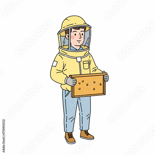 Beekeeper Holding Bee Frame Wearing Protective Suit in Vector Illustration