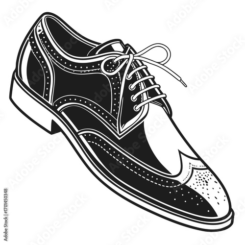 A classic black and white illustration of a traditional wingtip brogue shoe with detailed perforations and a tied lace perfect for fashion and style concepts