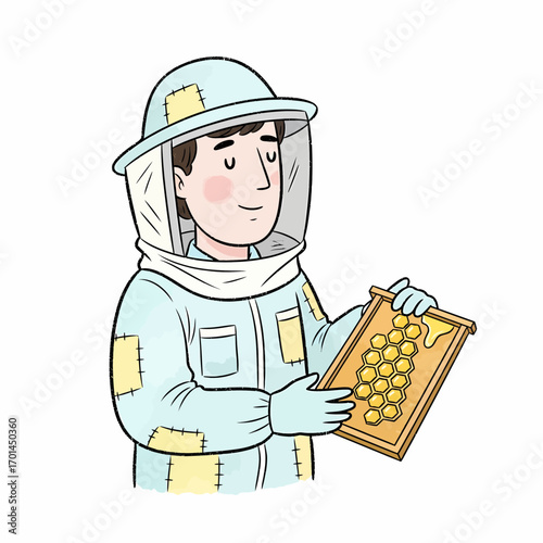 Illustration of a Beekeeper in a Protective Suit Holding a Honeycomb Frame Filled with Honey