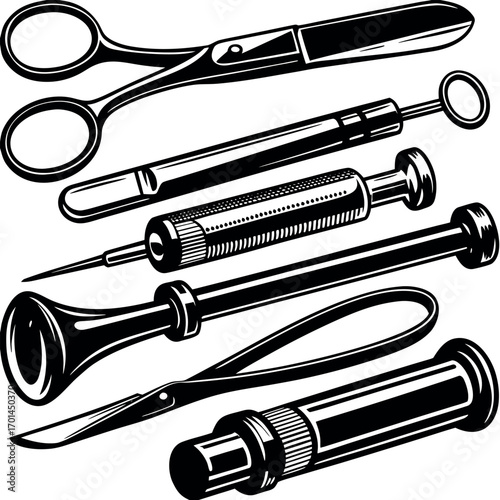 Antique surgical instruments collection black and white illustration medical tools