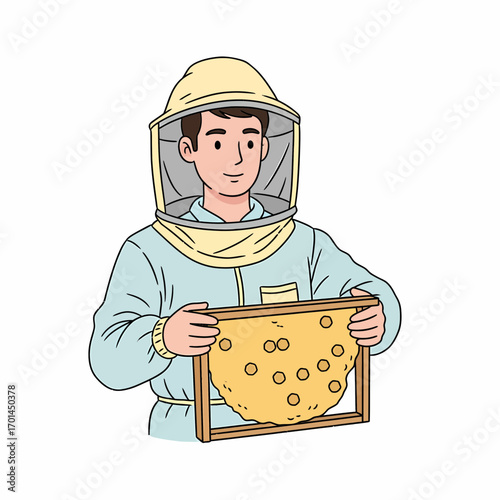 Smiling beekeeper in protective suit holds a frame of golden honeycomb, showcasing the sweet bounty of nature