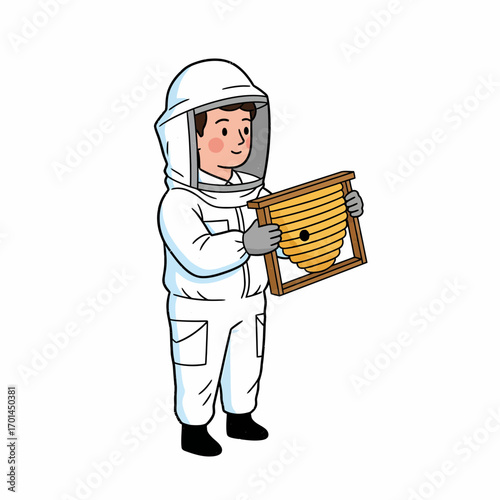 Illustration of a professional apiarist character inspecting a beehive frame for honey production