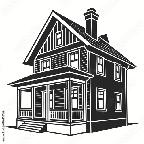 A detailed black and white illustration of a classic two story american craftsman style house with a prominent front porch and a pitched roof featuring a dormer window and a brick chimney