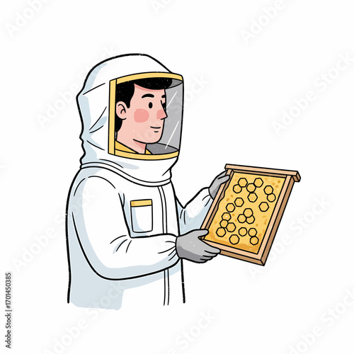 A diligent apiarist in a protective suit carefully inspecting a honey-filled beehive frame