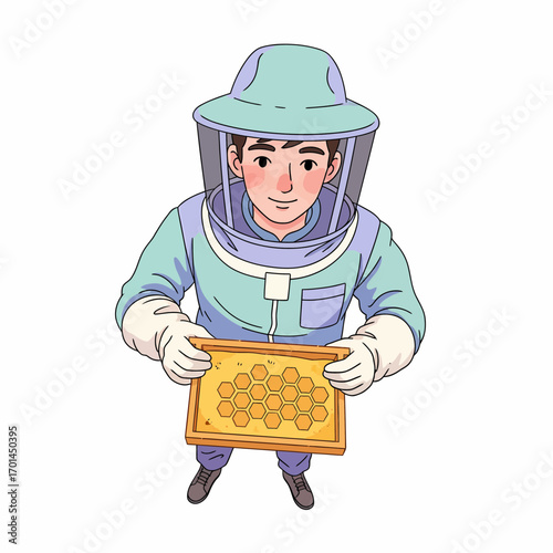 Young beekeeper in a protective suit holding a honeycomb frame, an illustration of apiculture