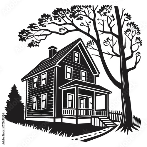 A classic american two story house with a welcoming front porch and a large tree providing shade on a sunny day evoking a sense of home and tranquility
