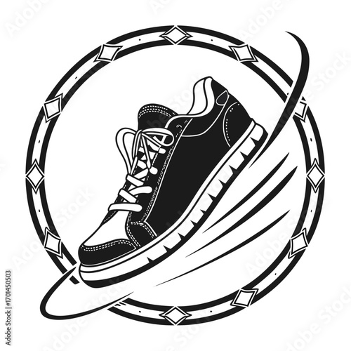 Dynamic black and white illustration of a stylish sneaker in motion enclosed within a decorative circular emblem featuring geometric patterns and abstract swooshes