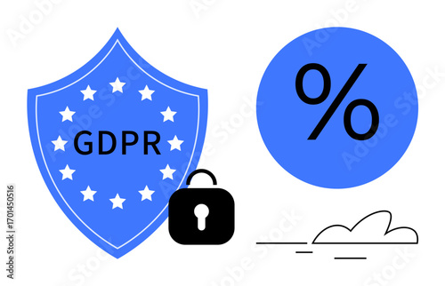 Blue shield with GDPR text and stars, black lock, cloud, and percentage icon represent data security, privacy regulations, compliance, online safety, risk, confidentiality simple flat metaphor