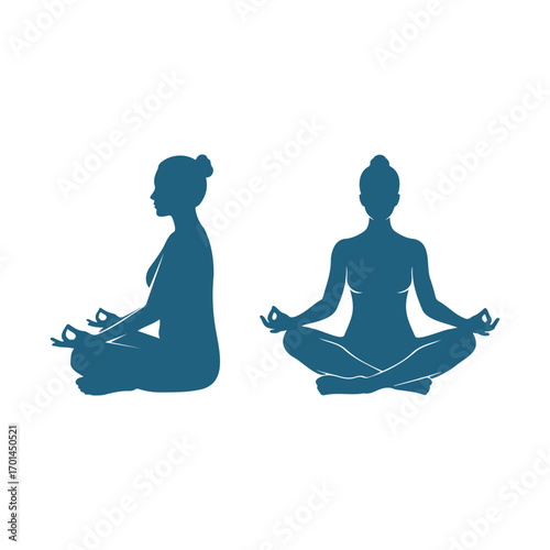 Silhouettes of woman meditating in lotus position in two different angle view. one is a side view, and the other is a front view.