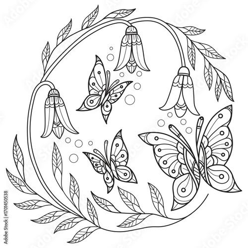 Butterfly flying and beautiful flowers hand drawn for adult coloring book
