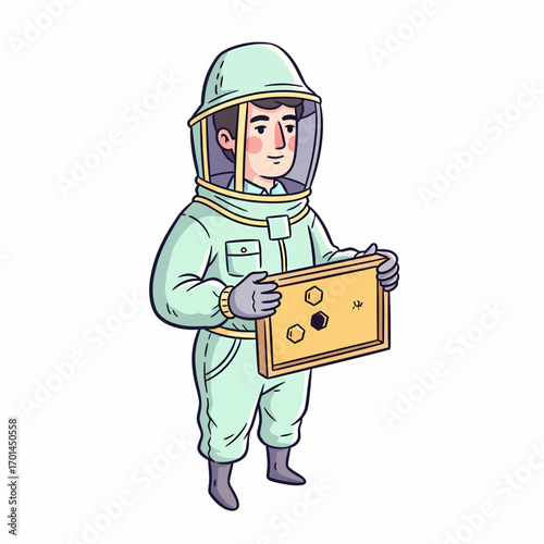Dedicated beekeeper in full protective gear carefully holding a beehive frame, ensuring colony health