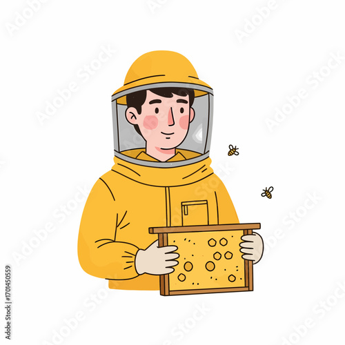 Cartoon illustration of a male beekeeper in a yellow protective suit holding a honeycomb frame