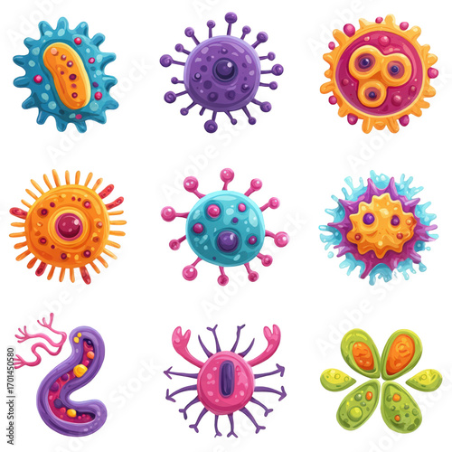 Vibrant collection of cartoon germs viruses and bacteria.